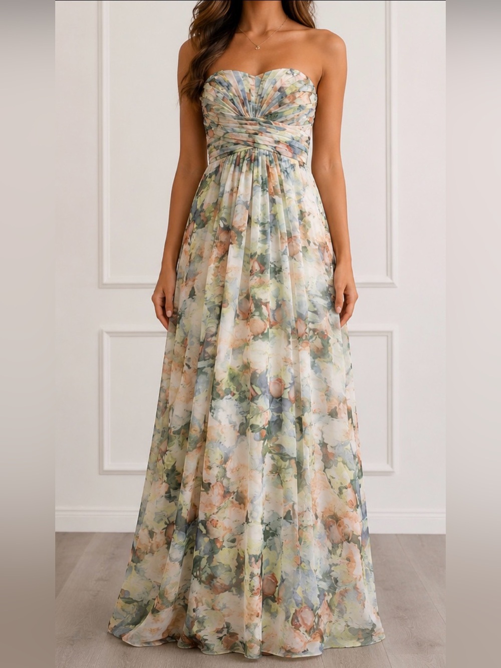 David’s Bridal Strapless Watercolor Floral Chiffon Maxi Dress Petite 4.